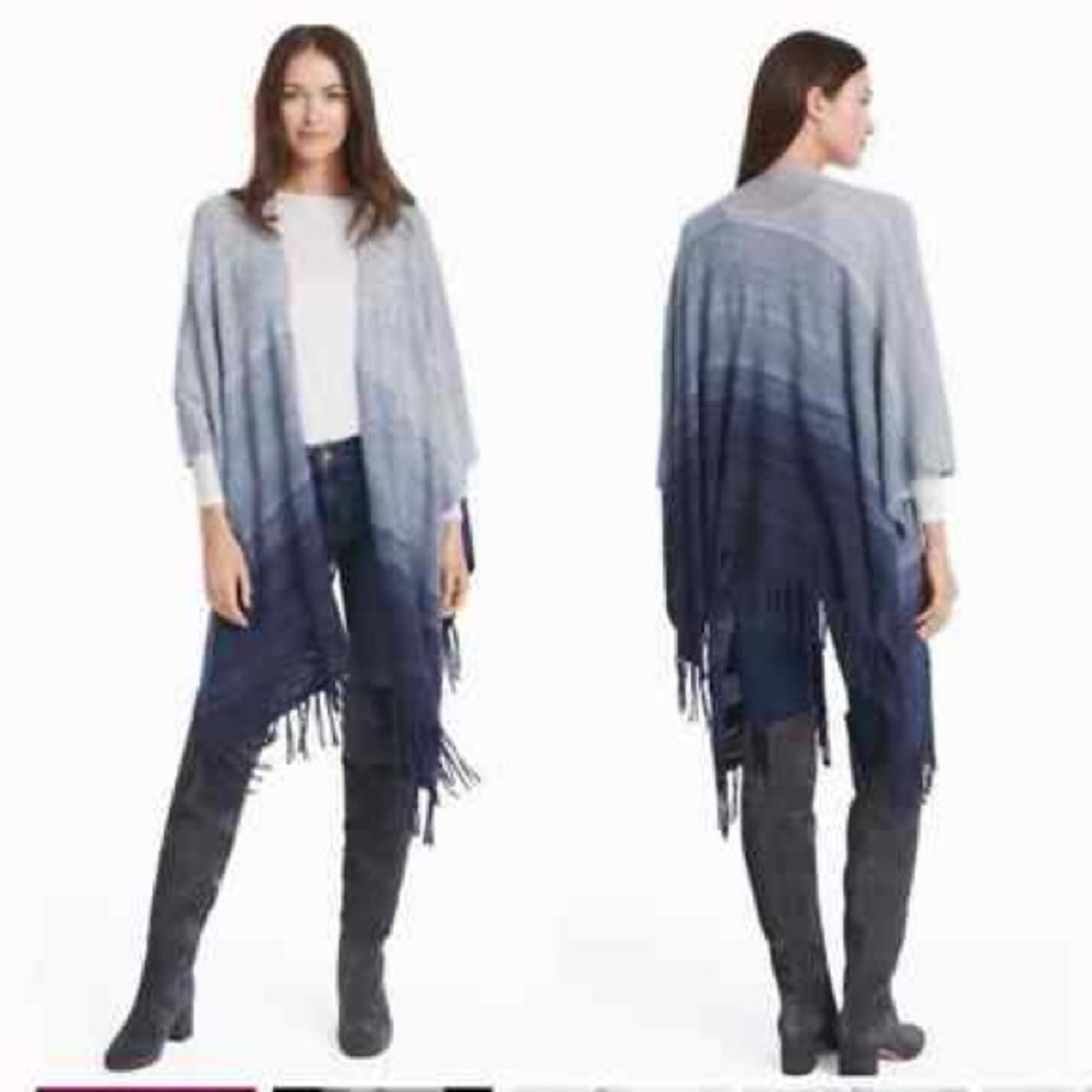 White House Black Market Blue Ombré Cotton Blend Knit Poncho